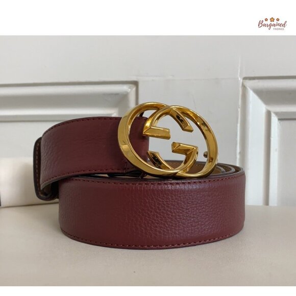 Authentic Gucci Red Pebbled Leather Gold Interlocking G Buckle Belt 95/38 - Picture 12 of 13